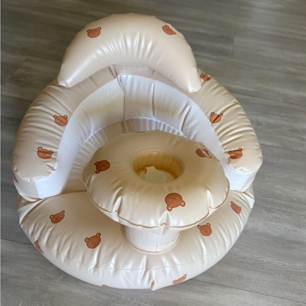 Kids Inflatable Beige Bear-Print Seat with Safety Ring